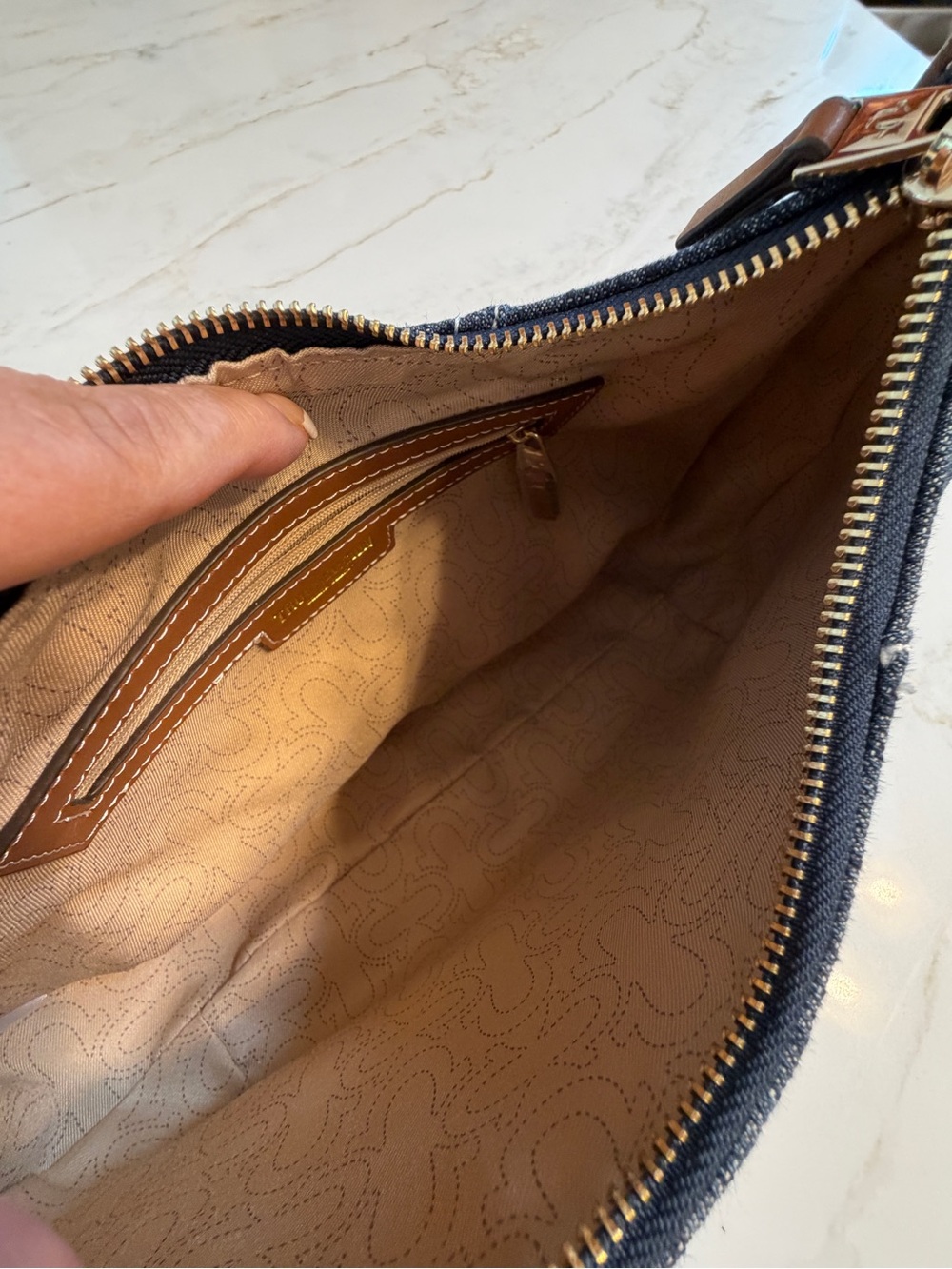 True Religion Dark Blue Denim Hobo with Brown Trim and Gold Logo - Picture 2 of 11